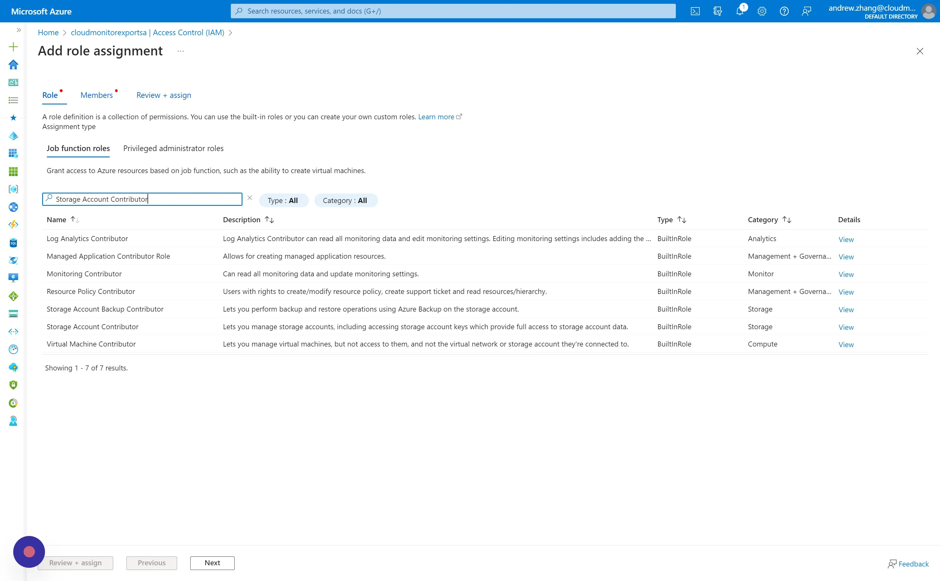 Under the Role tab, select "Storage Account Contributor" as the Role