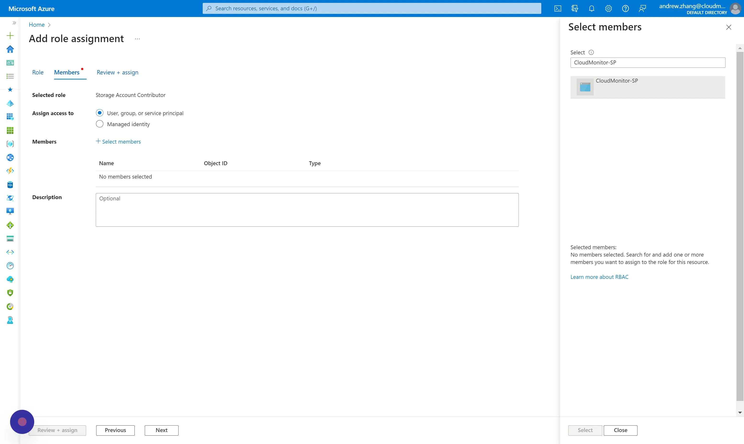 Search and select your CloudMonitor Service Principal name