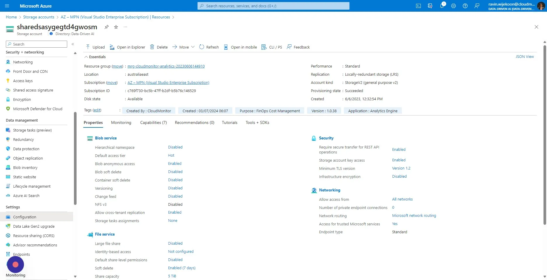 Navigate to the Storage Account and Click "Configuration"