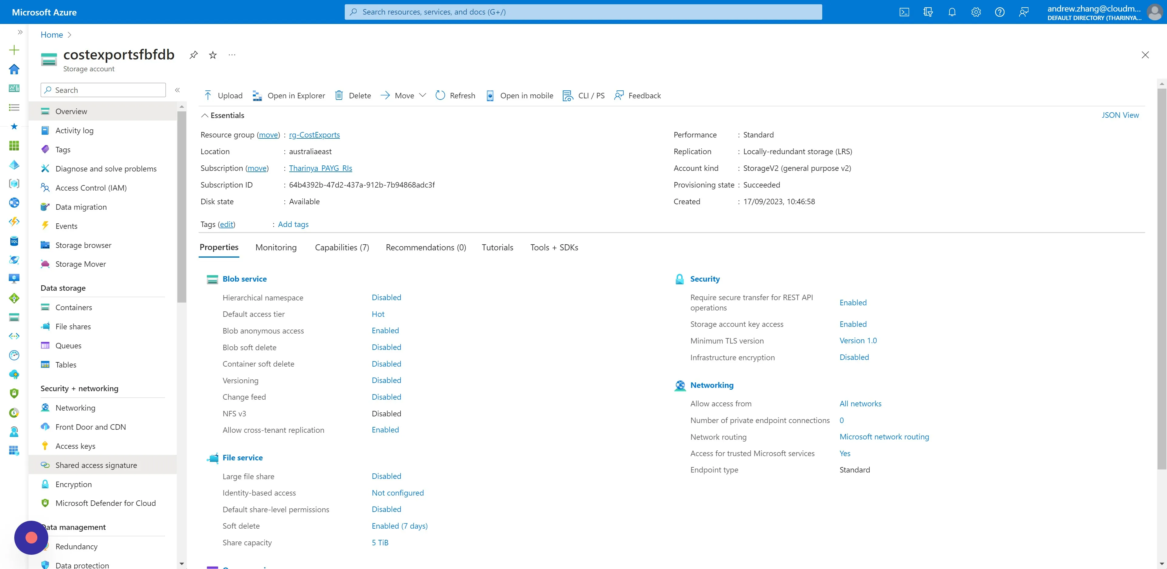 On the same Storage Account Resource, click "Shared access signature"