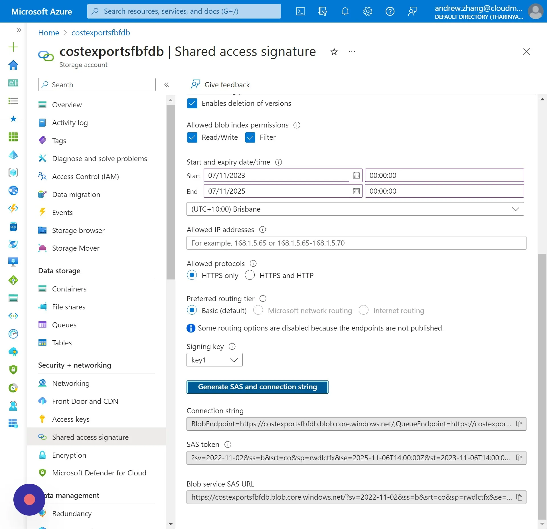 Click "Generate SAS and connection string"