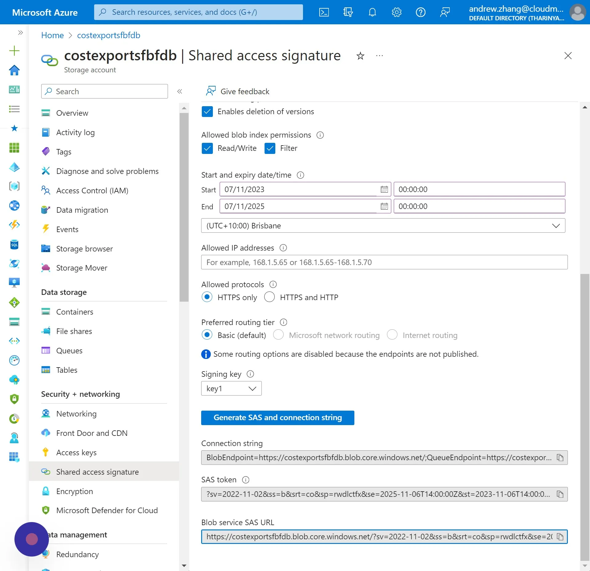 Find the Blob Service SAS URL located at the bottom of the page. Copy this URL and store it securely. 2