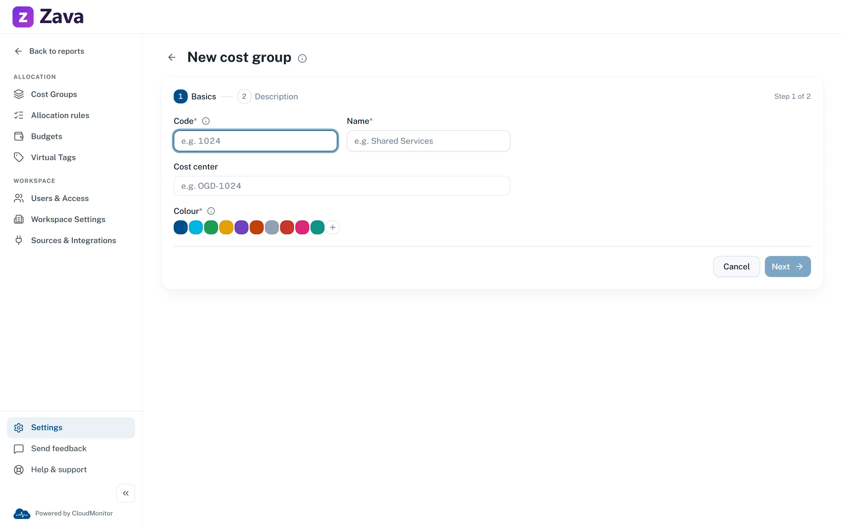 Step one of the New cost group wizard, showing the Code, Name, Cost center and Colour fields with a two-step indicator