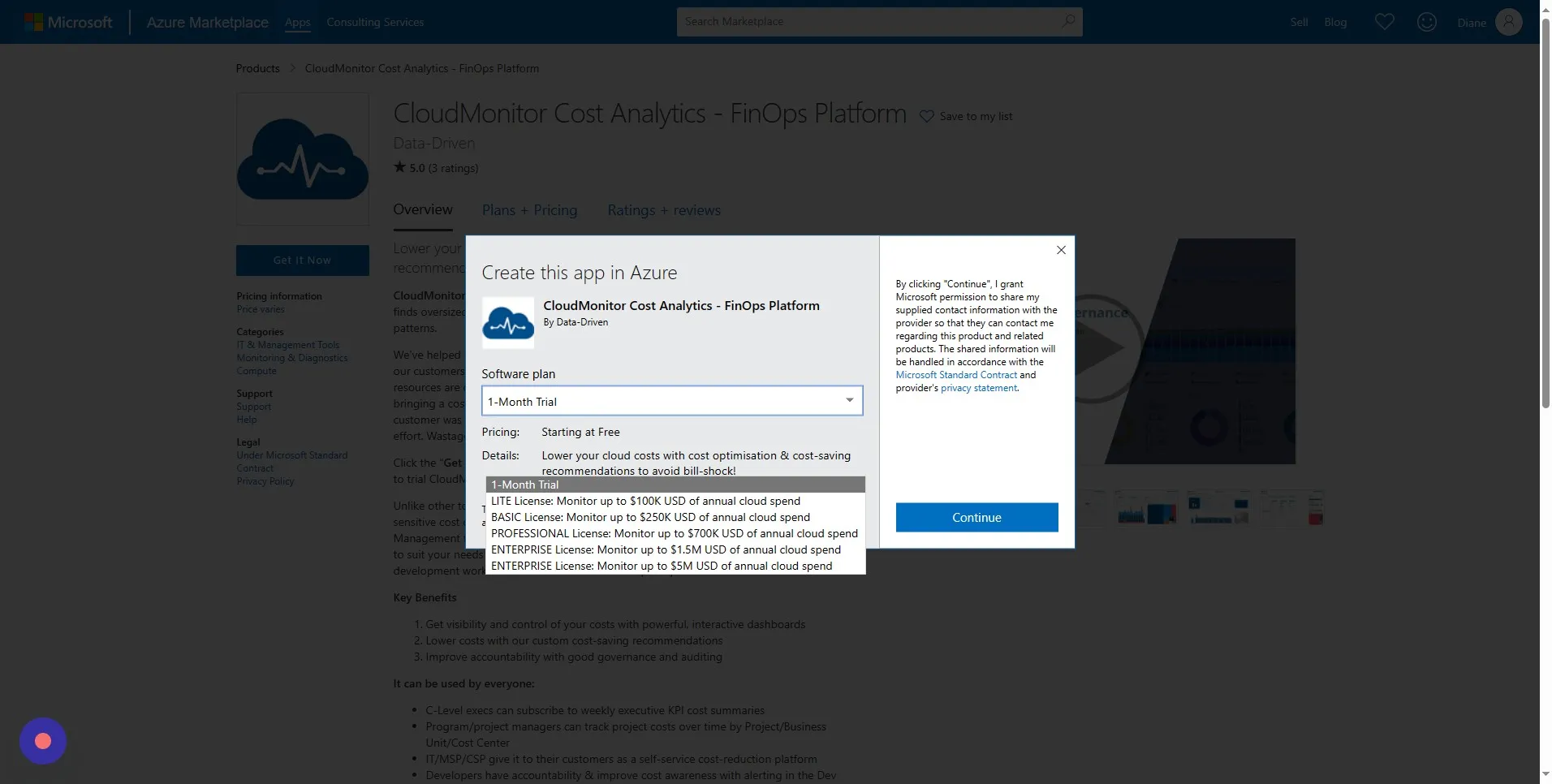 Select your plan from the dropdown menu and click Continue
