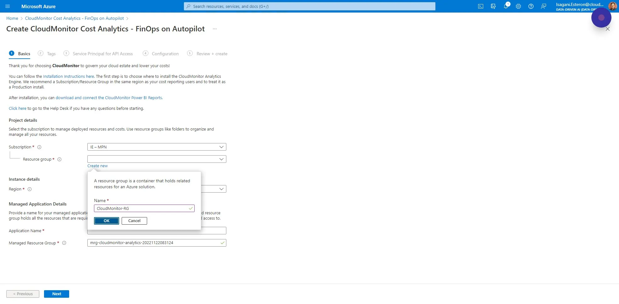 Enter "CloudMonitor" as the Resource Group name and click "OK" (We used "CloudMonitor-RG" in our example below)