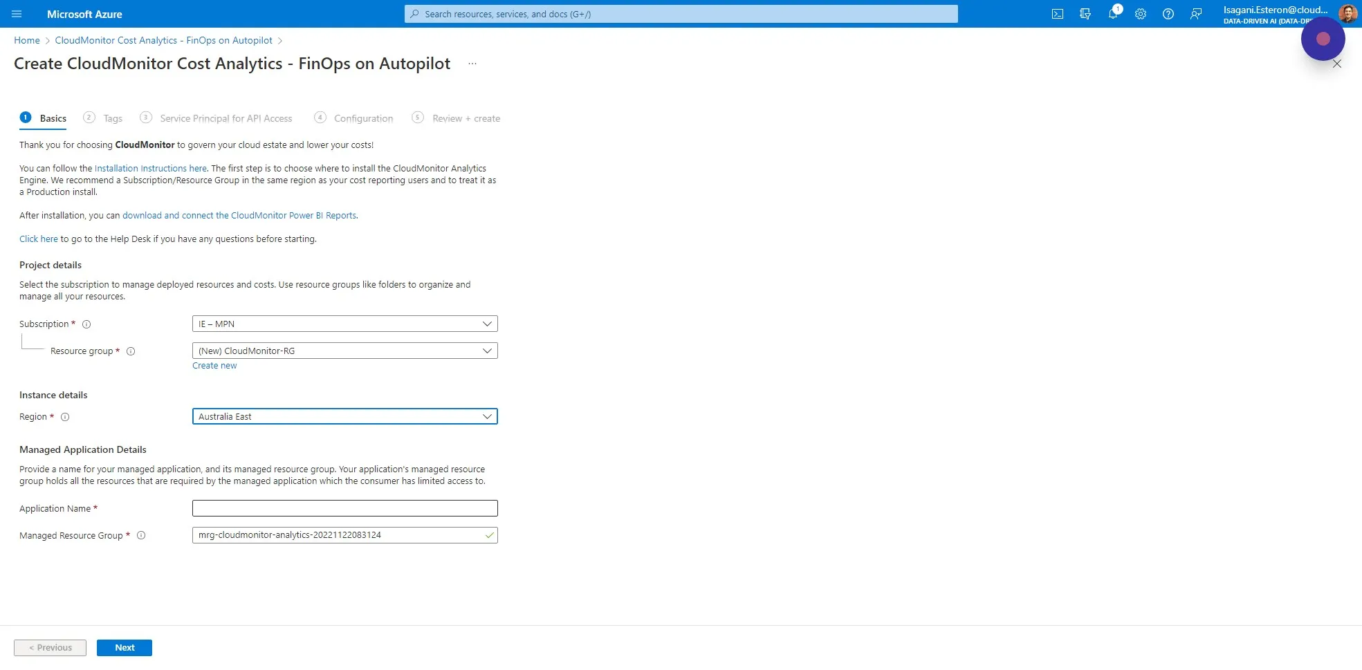 Fill in the Application Name as "CloudMonitor" or something similar and click on Next