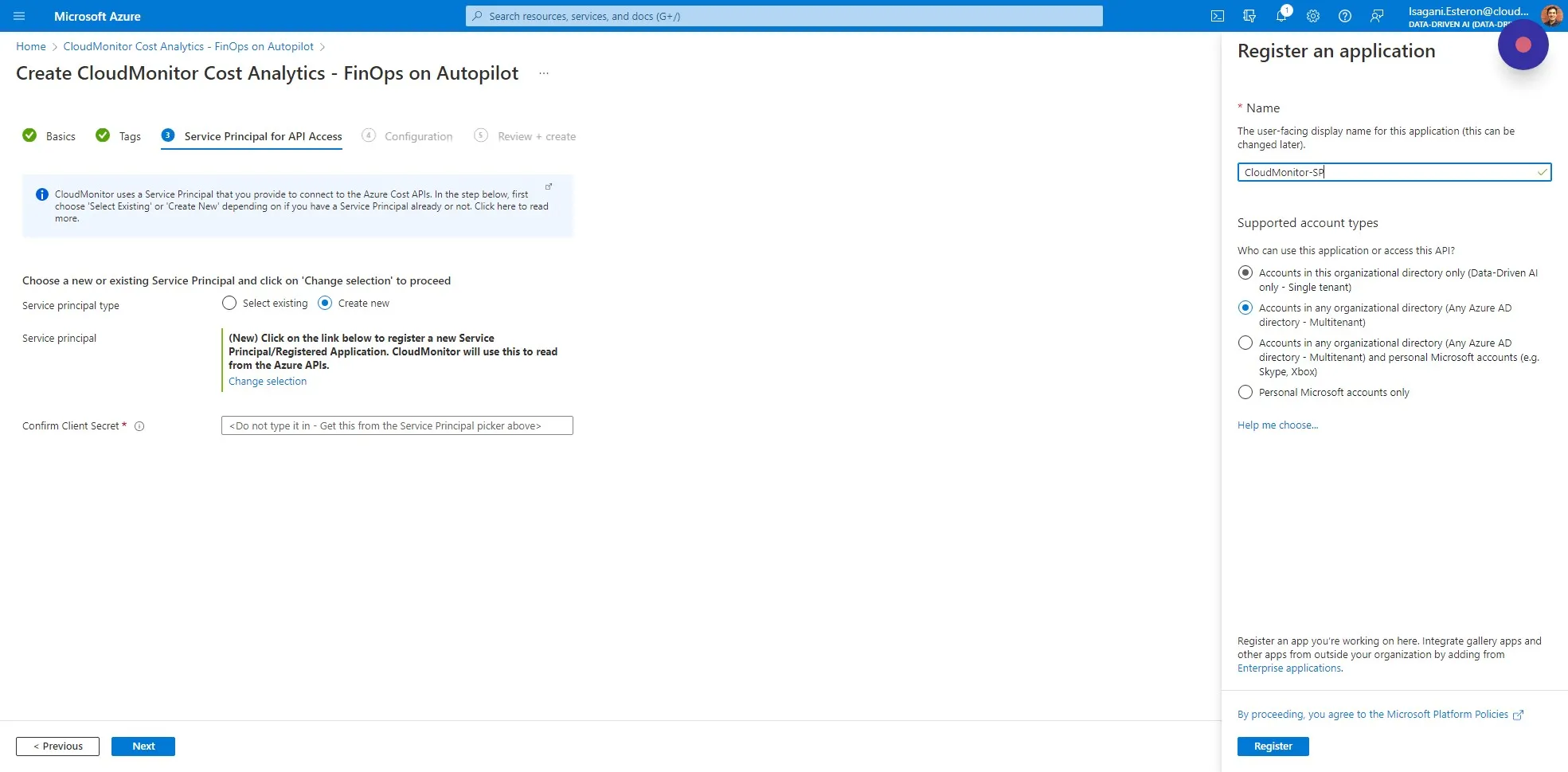 Enter a name like "CloudMonitor-SP" and make sure "Accounts in this organizational directory only" is selected, then click on Register