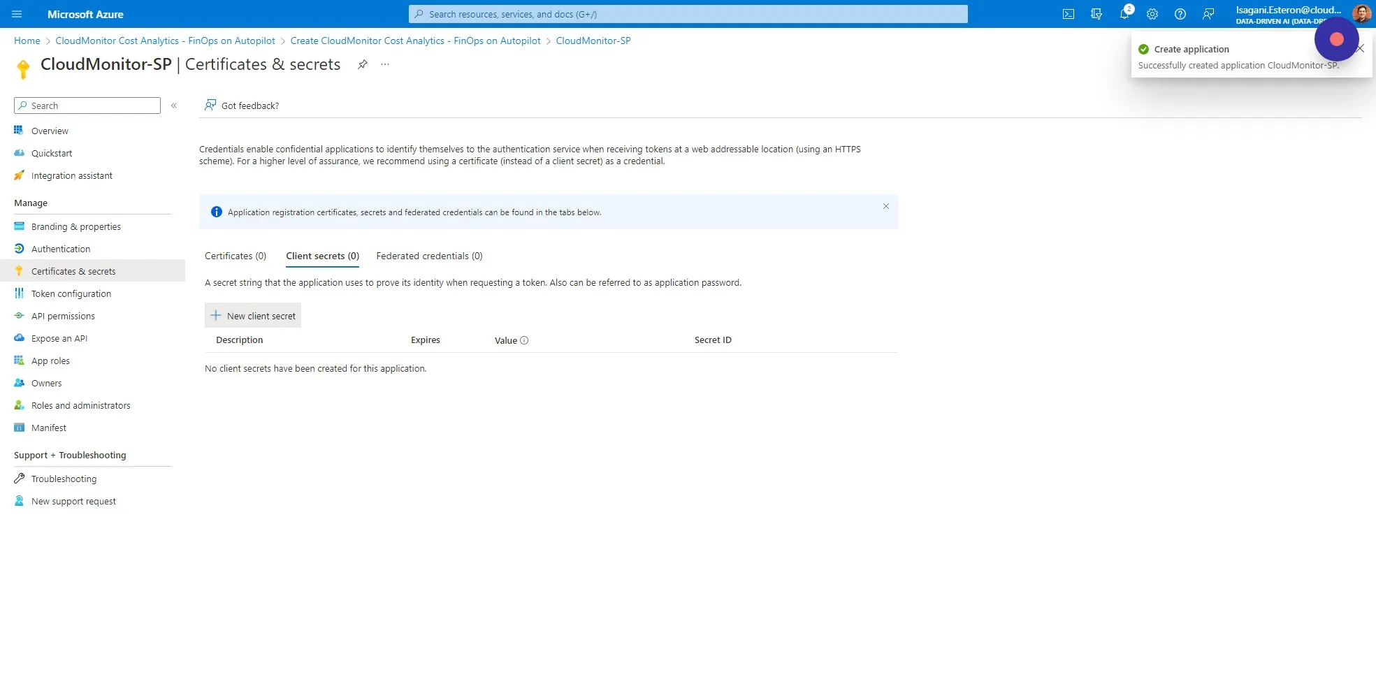 Go to the Certificates & Secrets tab in the left -hand menu and click "New client secret"