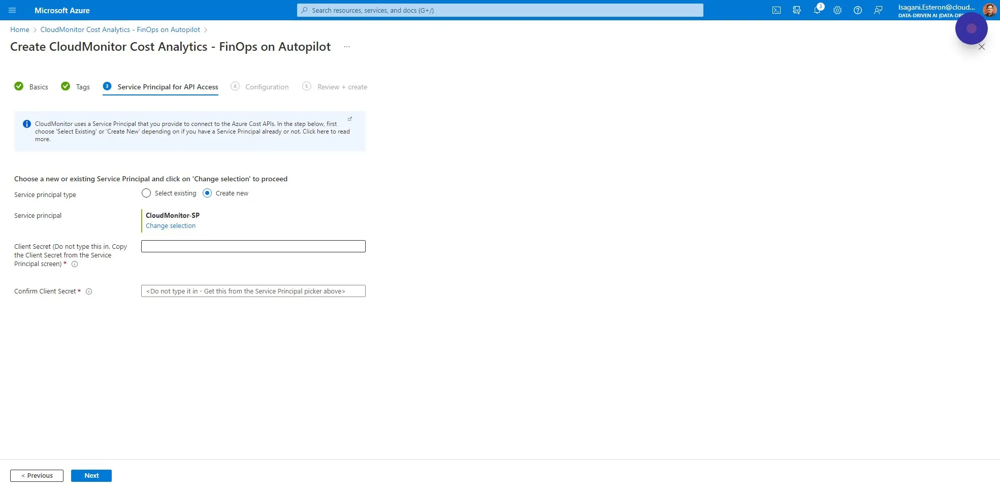 You will notice the Service Principal that you created is now selected