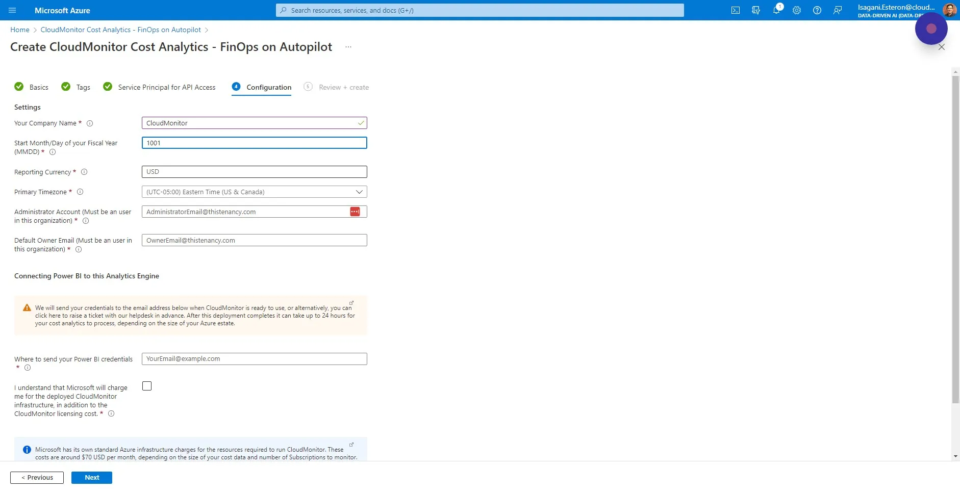 Fill in the "Reporting Currency" field. If your Azure billing is in Indian Rupees, put INR. If it is US dollars, put USD