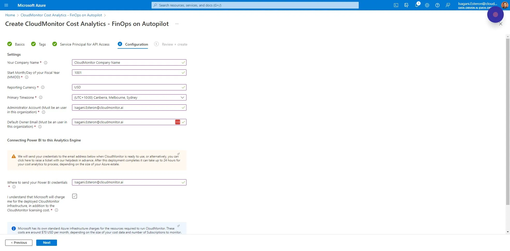 Please ensure that you have read and understand how Microsoft charges for Infrastructure and check this box when you are happy to continue