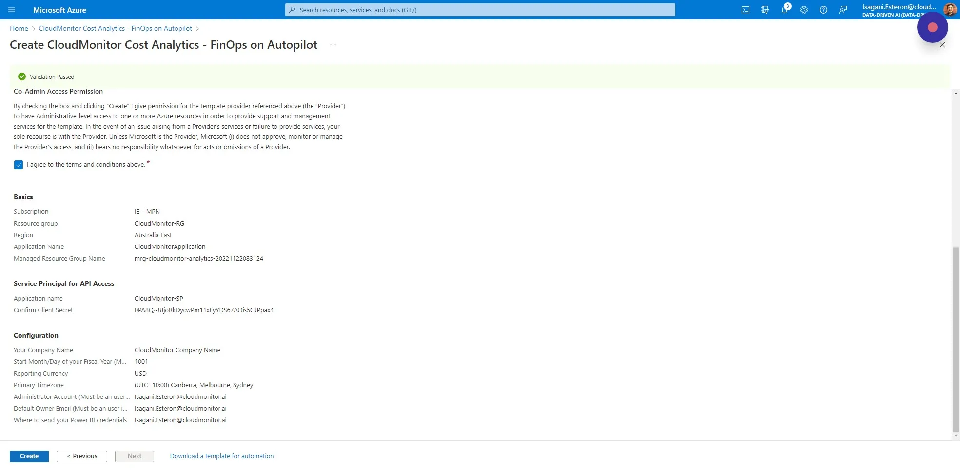 Click "Create" to start the CloudMonitor deployment on Azure