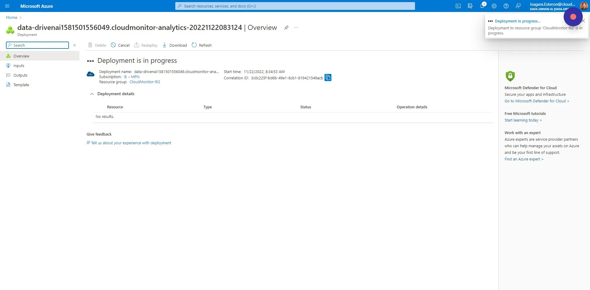 The deployment can take between 10 and 45 minutes. Azure will update you when it is complete