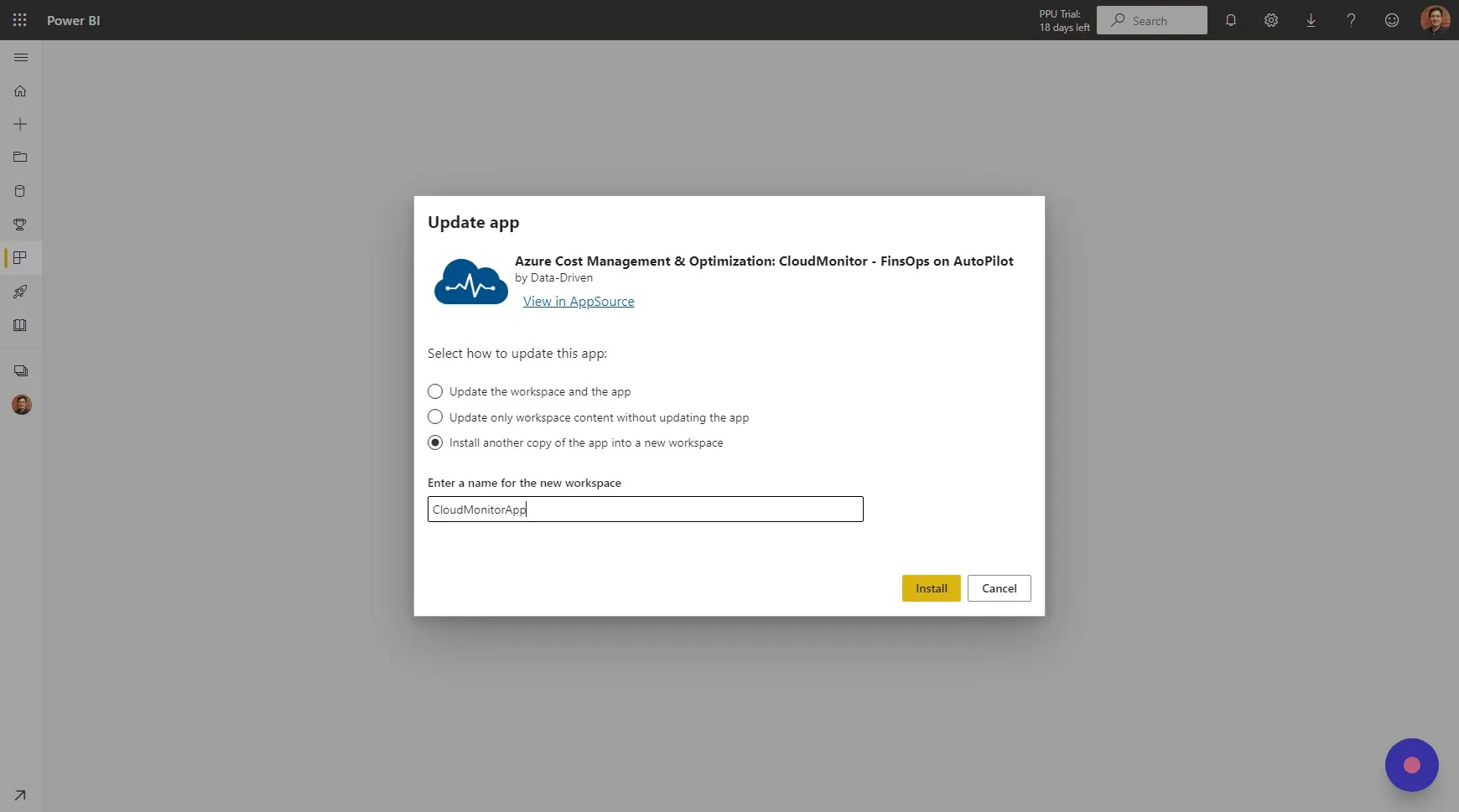 If it’s your first time installing CloudMonitor, just click “Install”. It can take up to 5 minutes to install