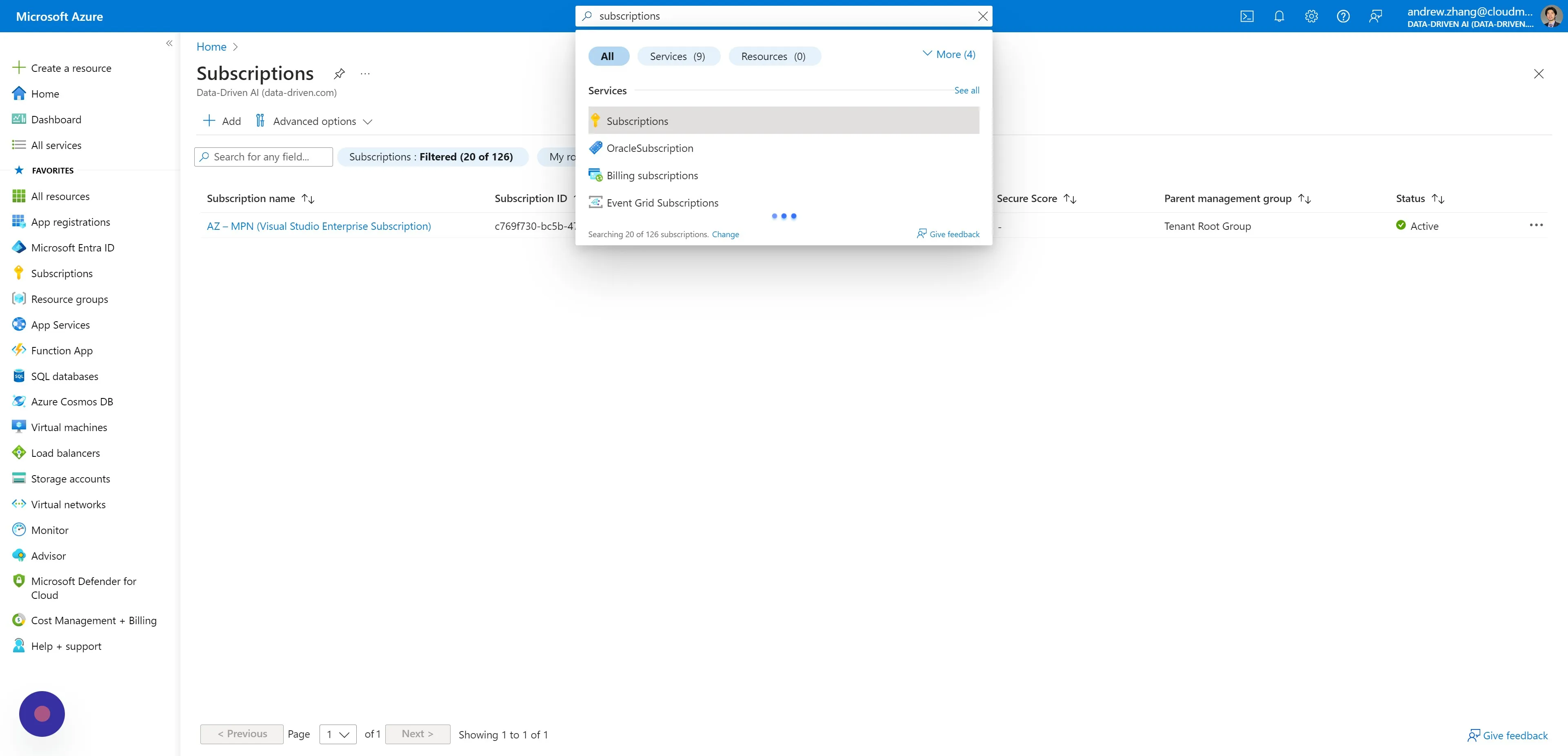Navigate to Subscriptions - Microsoft Azure