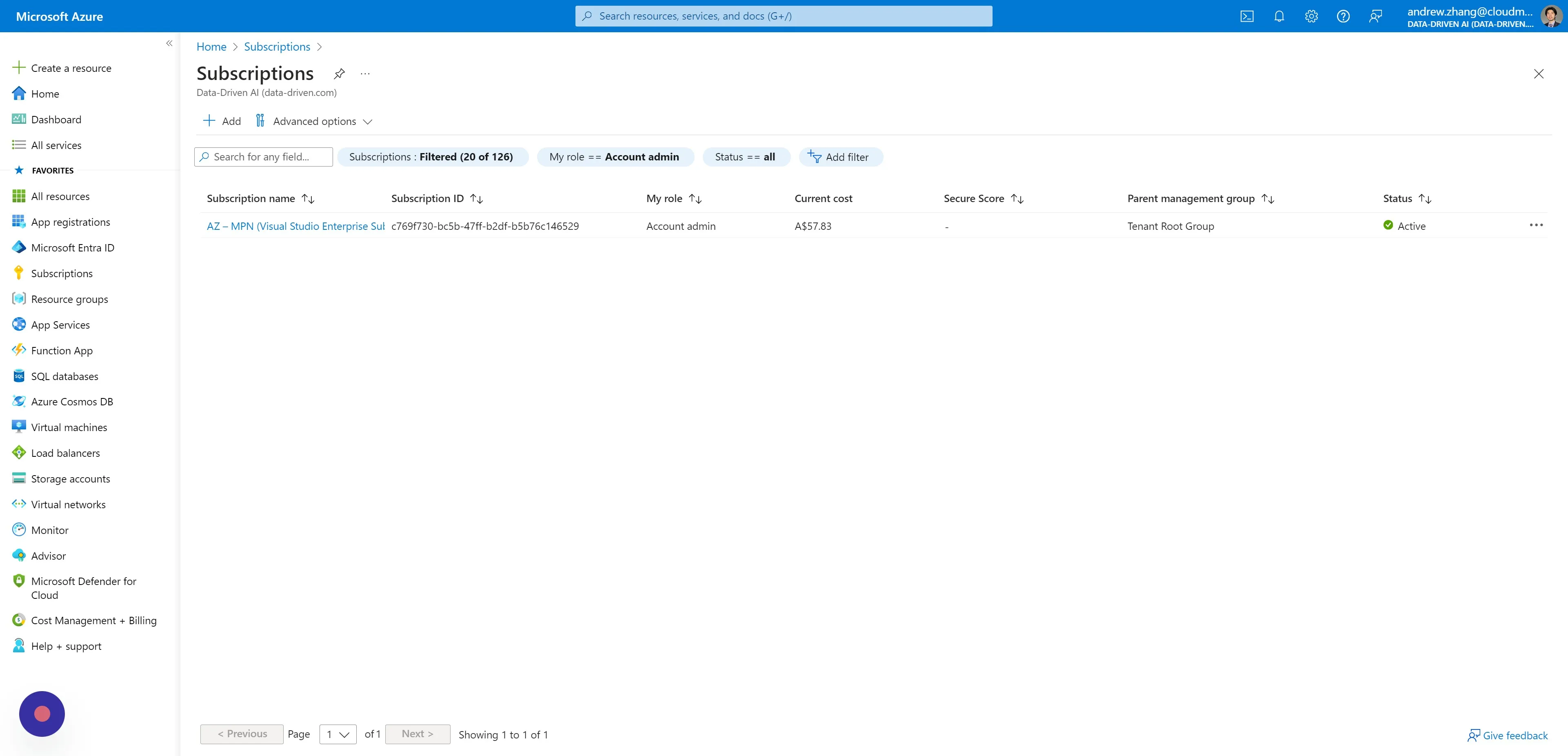 Click on a Subscription that CloudMonitor is currently observing i.e. your CloudMonitor Service Principal has Reader access