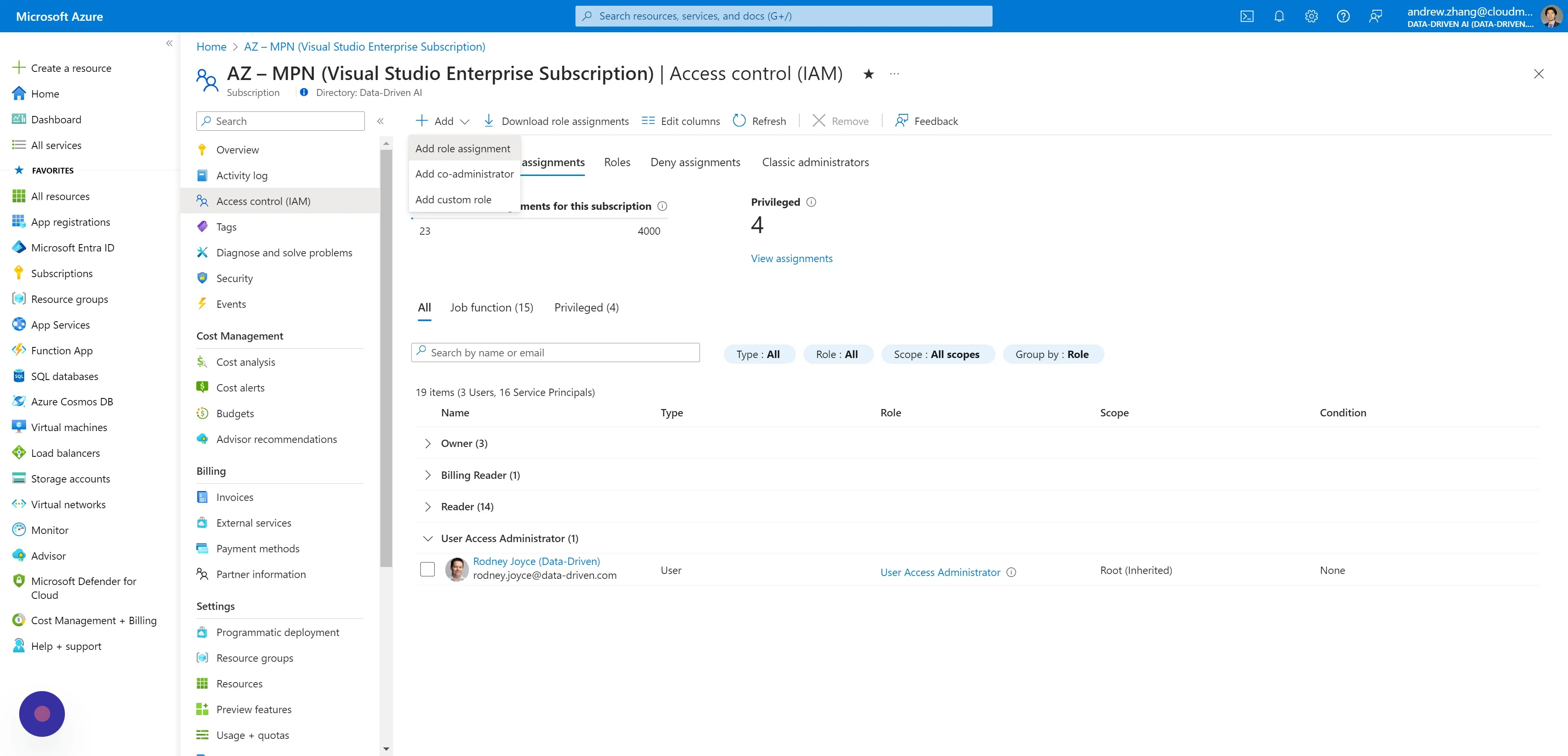 Navigate to Access Control (IAM) and click "Add > Add role assignment"