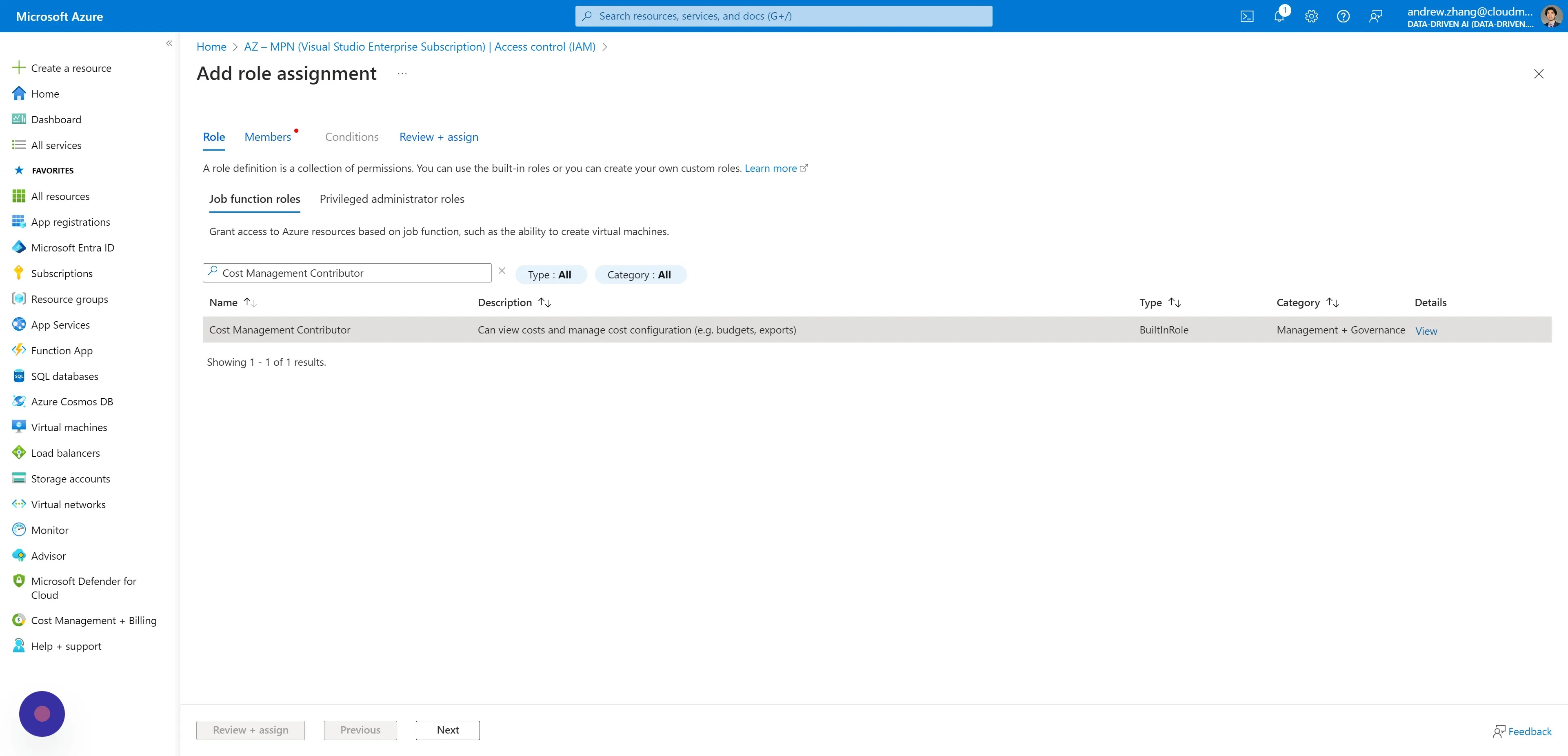 Under the Roles tab select "Cost Management Contributor" as the Role