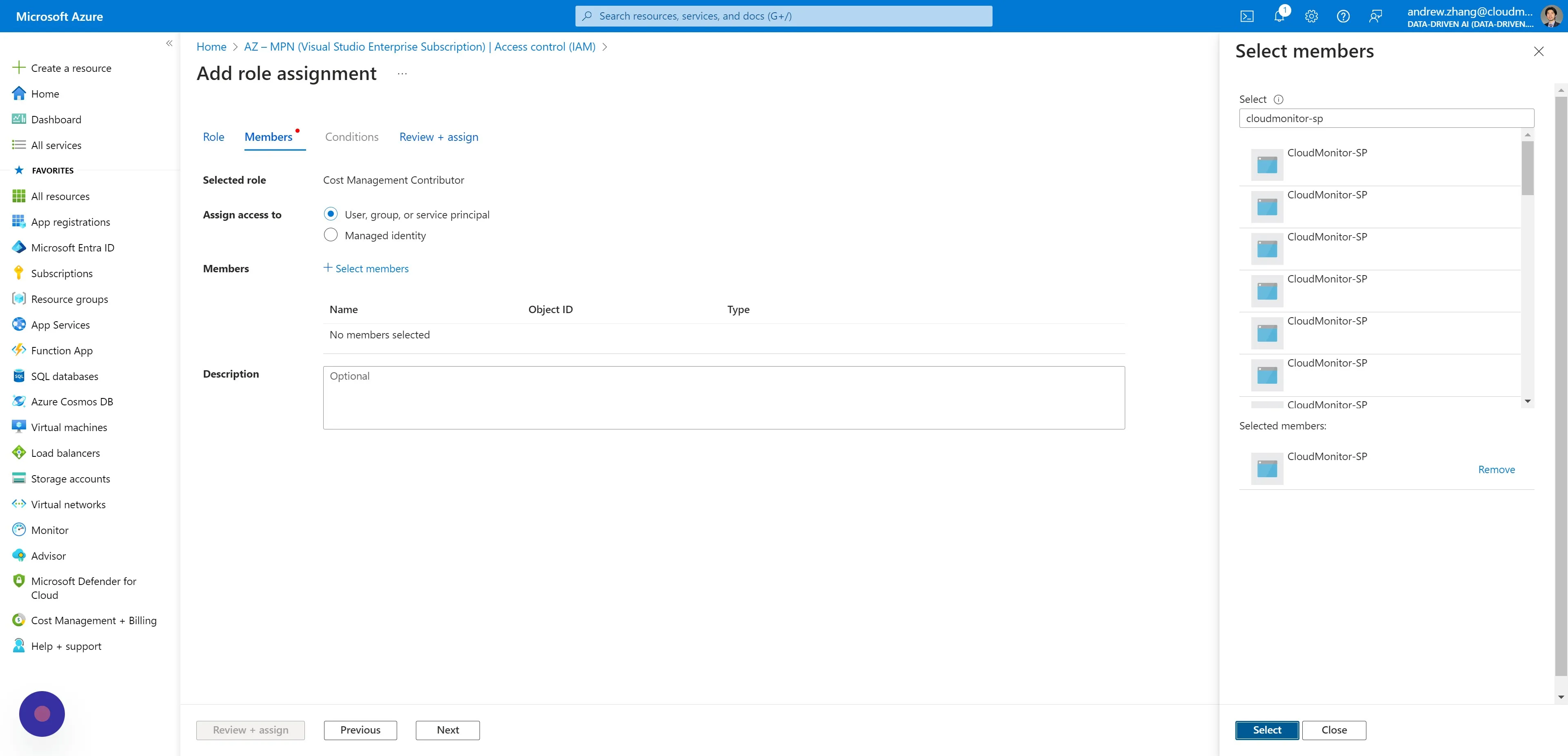 Search and select your CloudMonitor Service Principal name
