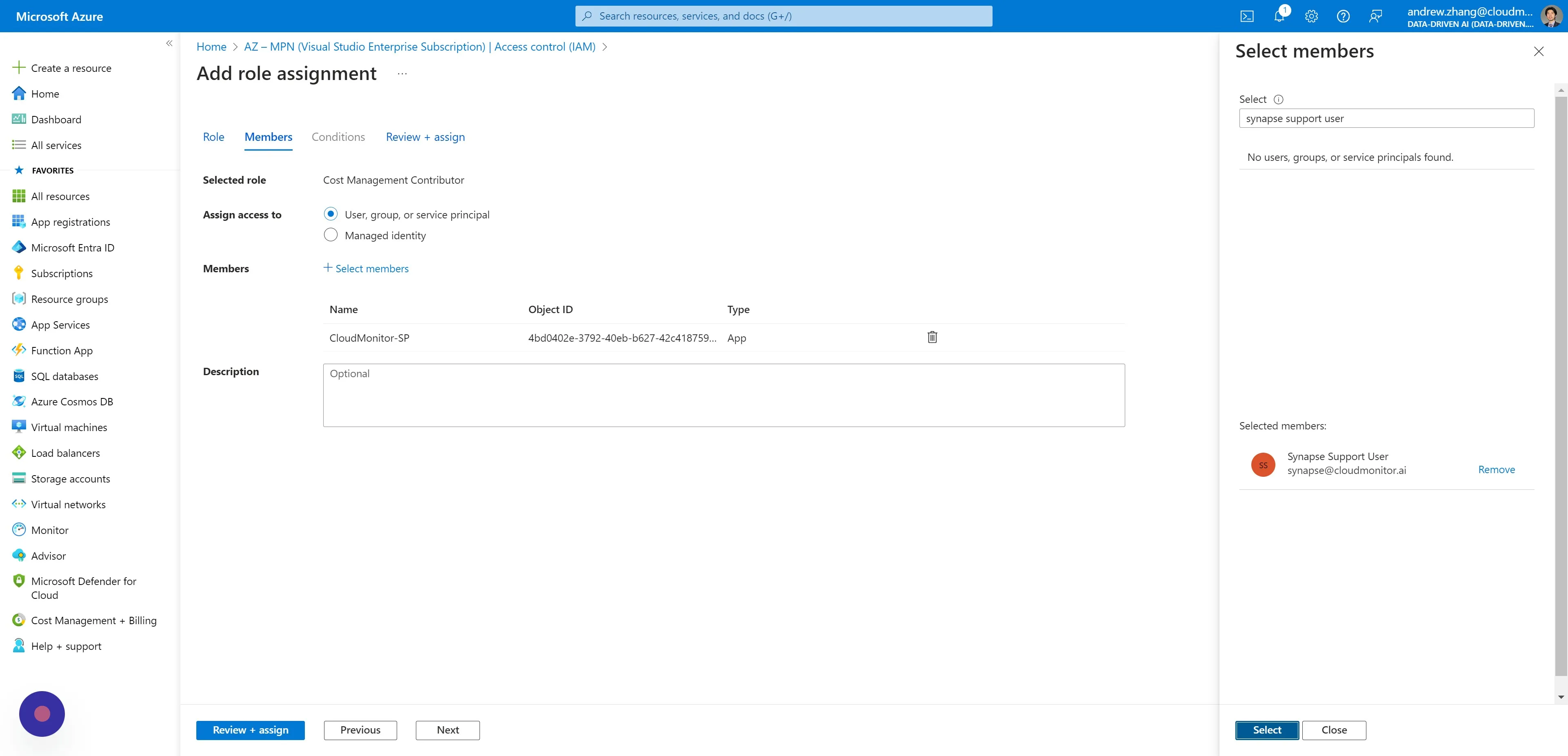 For MCA billing account customers only -\ Search and select your CloudMonitor Synapse B2B User