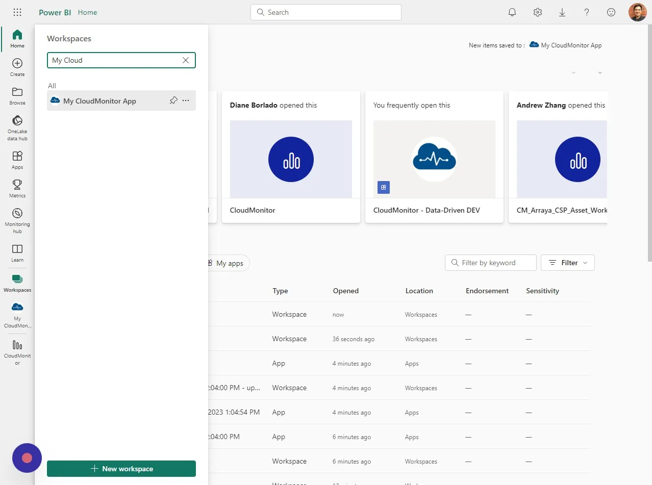 Type the CloudMonitor app workspace name to locate it