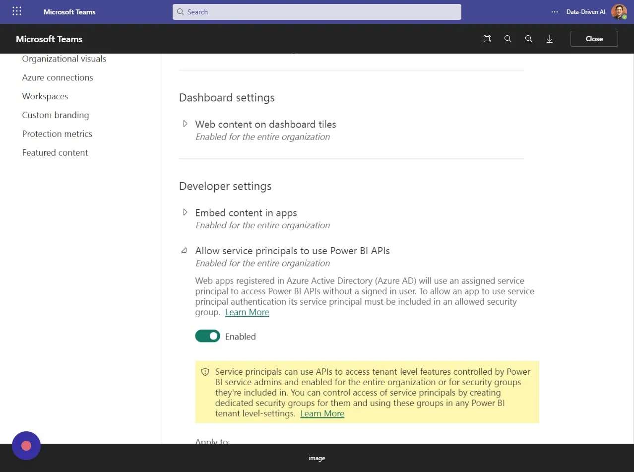 Verify "Allow service principals to use Power BI APIs" is enabled in Admin Portal Developer settings