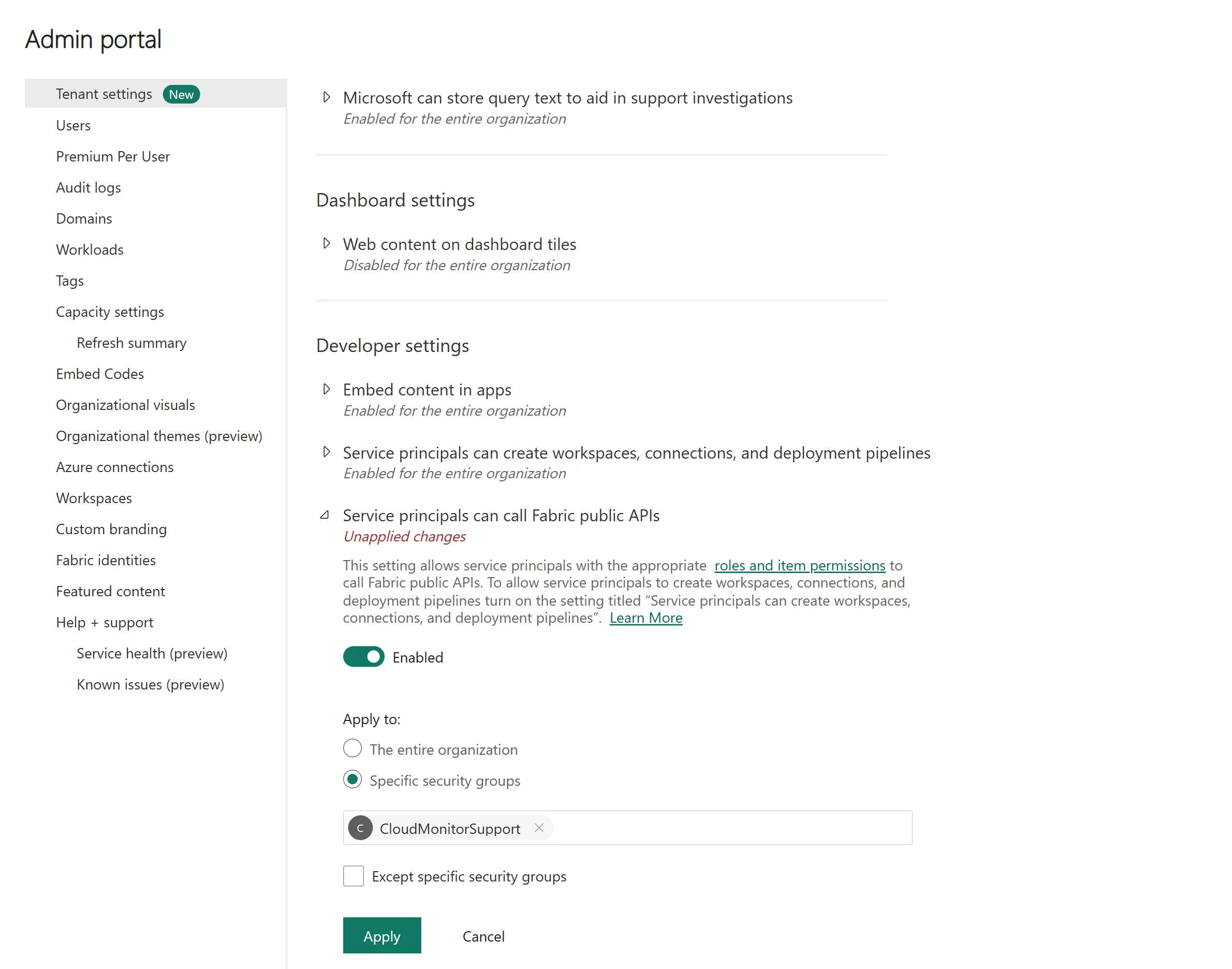 Fabric admin portal tenant settings with Service principals can call Fabric public APIs expanded, enabled, and applied to a specific security group