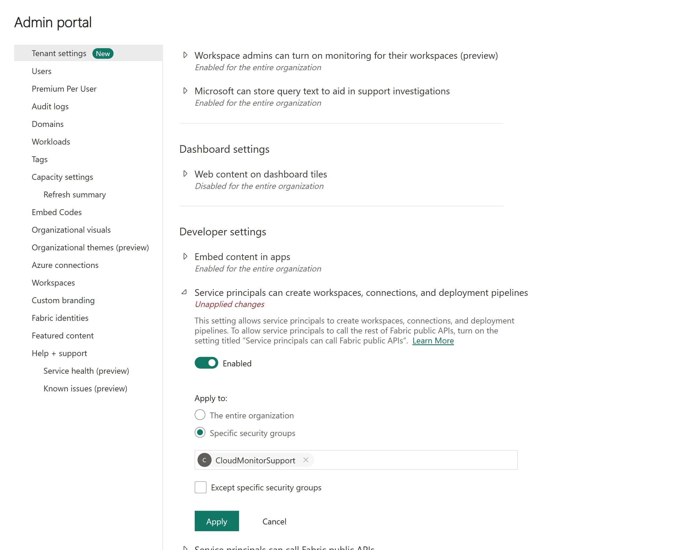 Fabric admin portal tenant settings with Service principals can create workspaces, connections, and deployment pipelines expanded and applied to a specific security group