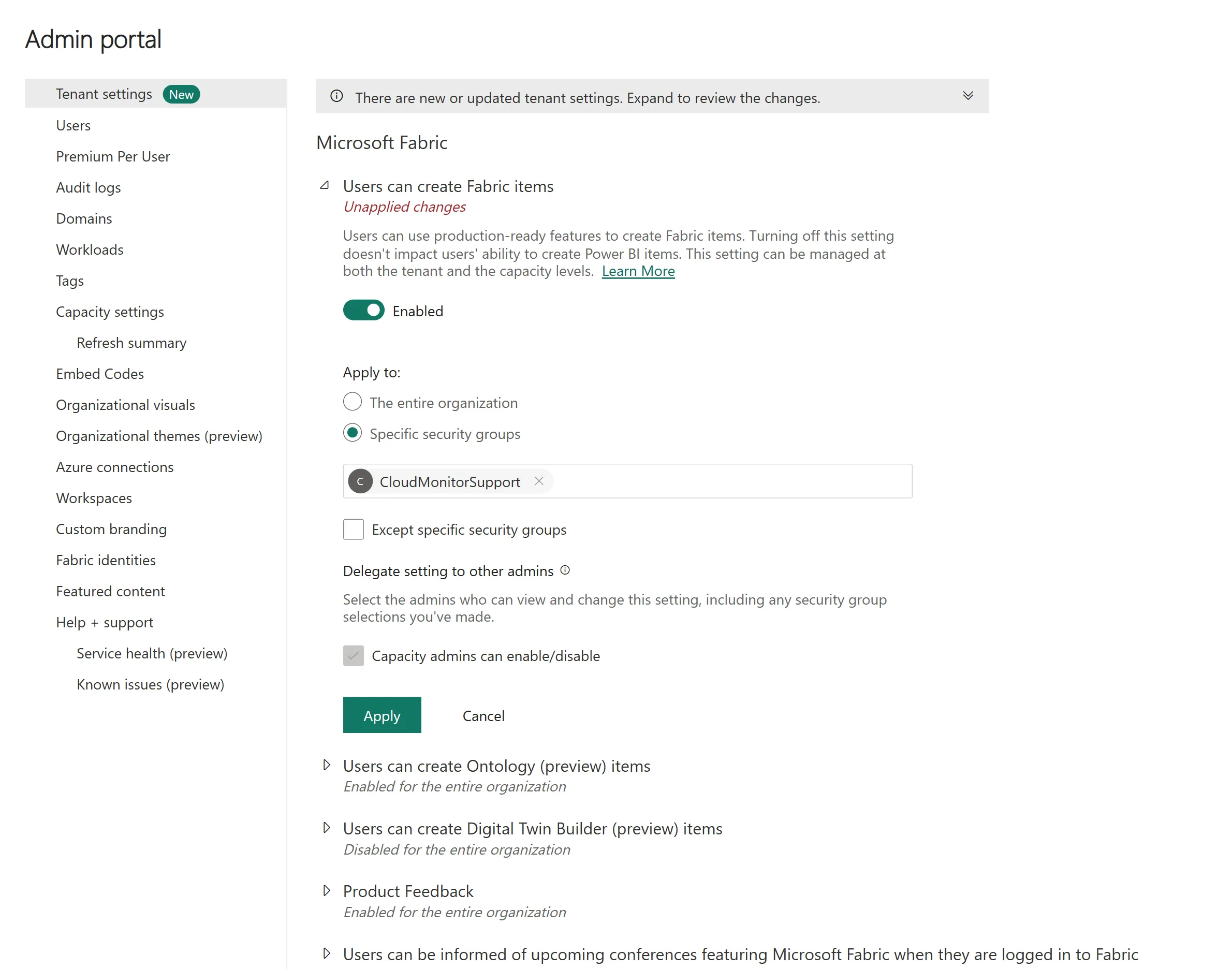 Fabric admin portal tenant settings with Users can create Fabric items expanded, applied to a specific security group, and the capacity-level delegation option below it
