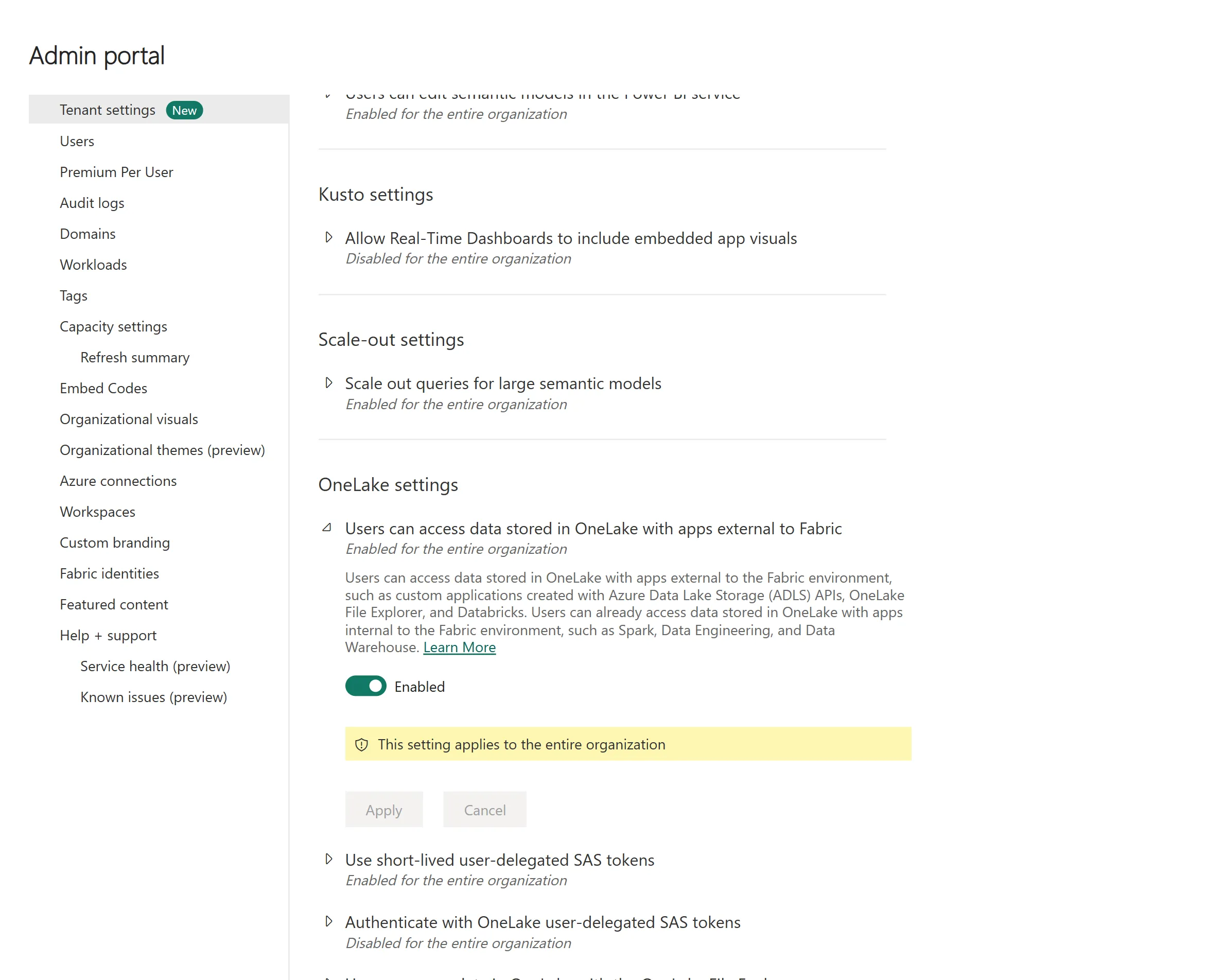 Fabric admin portal tenant settings with the OneLake external apps setting expanded and enabled, noting that it applies to the entire organization