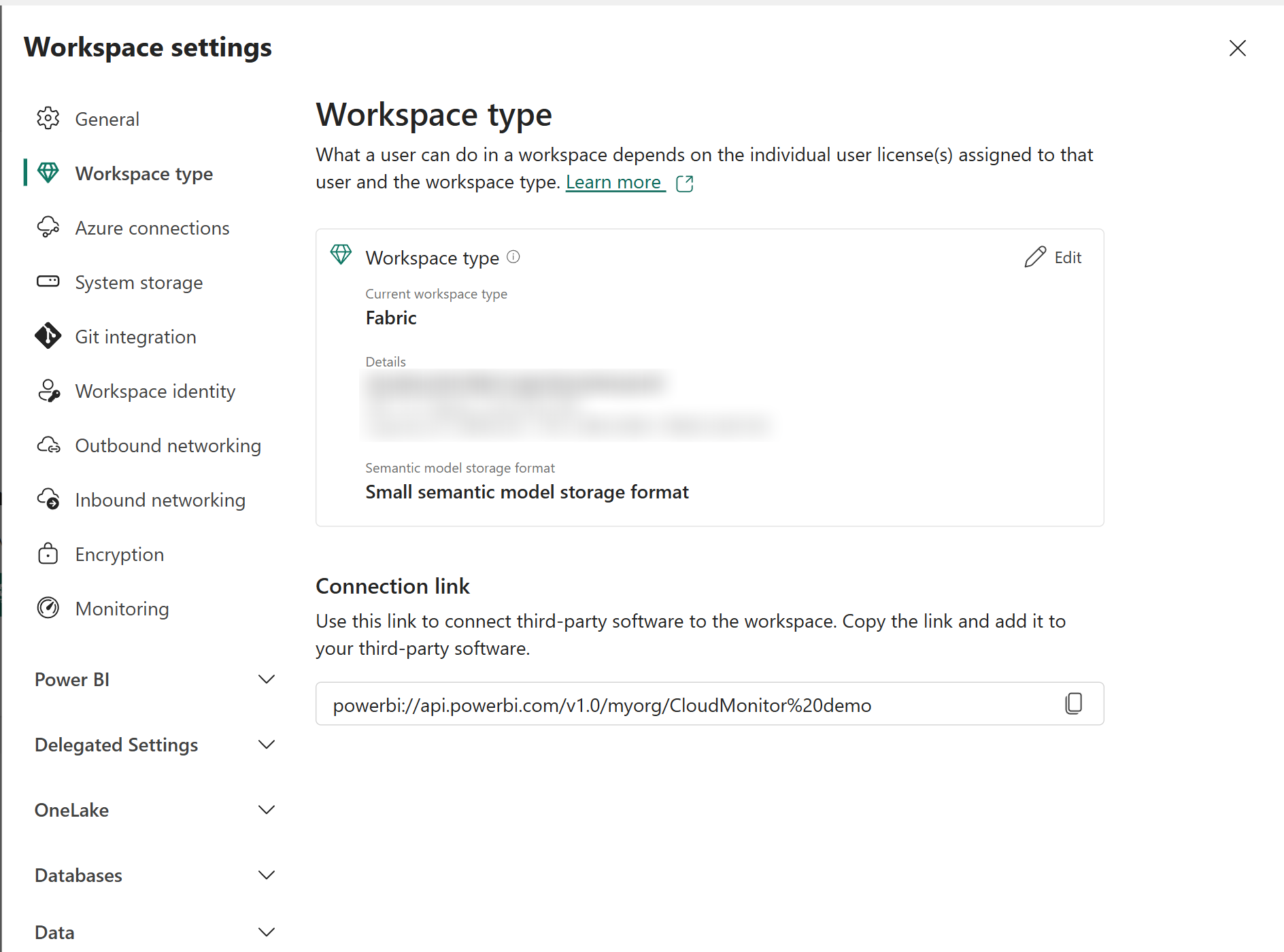 Fabric Workspace settings open on Workspace type, showing a current workspace type of Fabric with the capacity details below it