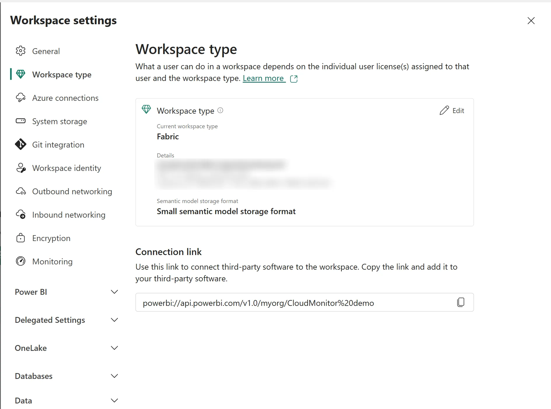 Fabric Workspace settings open on Workspace type, showing a current workspace type of Fabric with the capacity details below it
