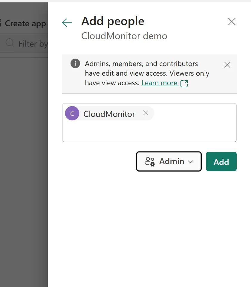 Fabric Add people pane for a workspace with the CloudMonitor application selected and the role set to Admin