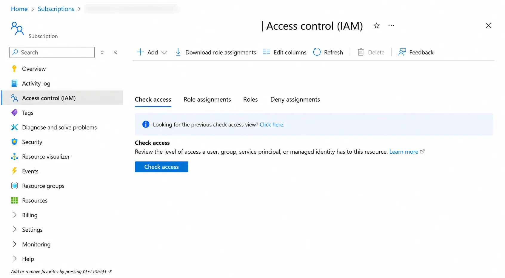 Subscription Access control (IAM) with the Add control visible