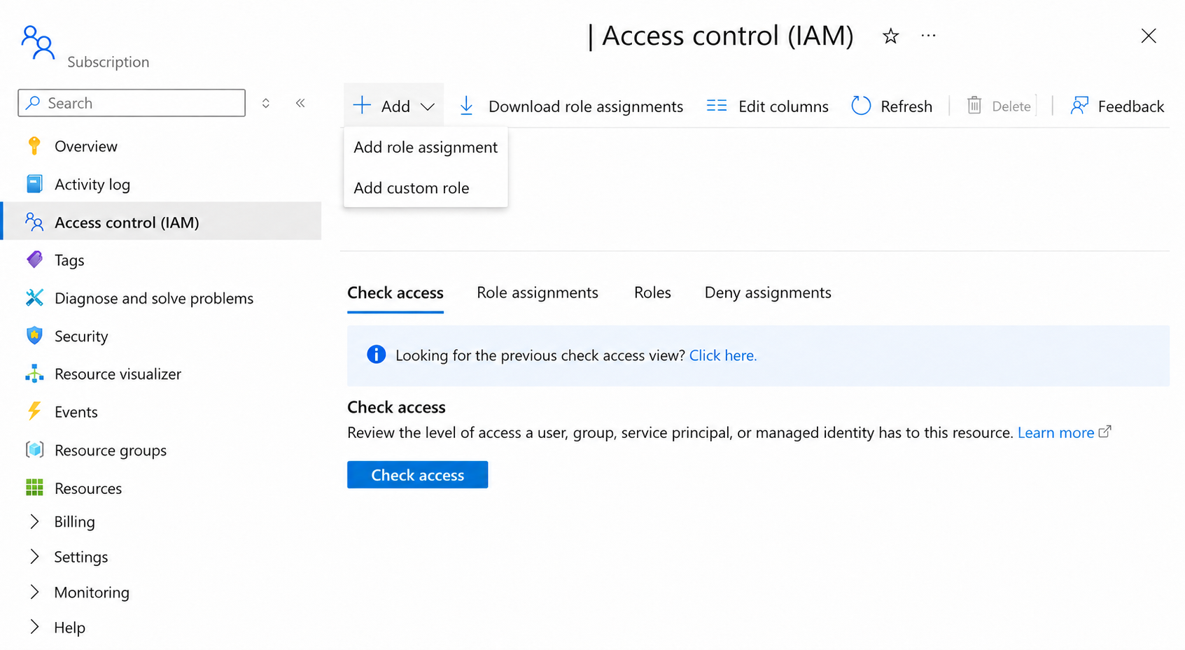 Add menu showing Add role assignment