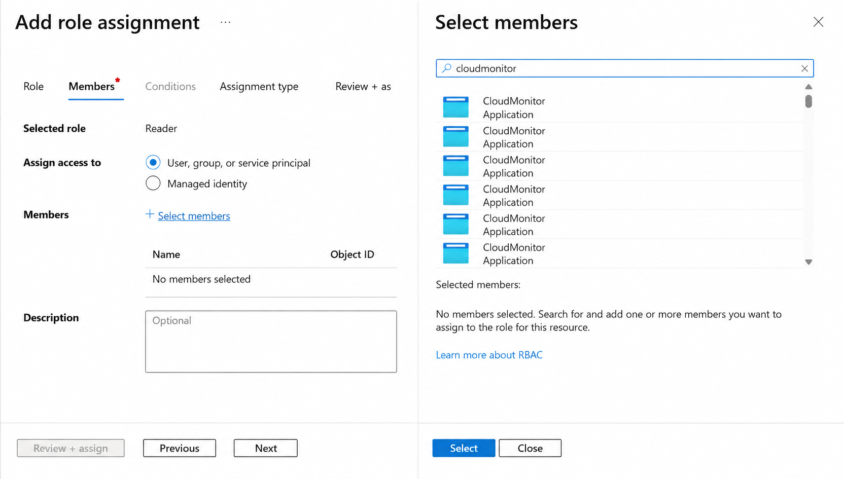 Select members panel with CloudMonitor search results
