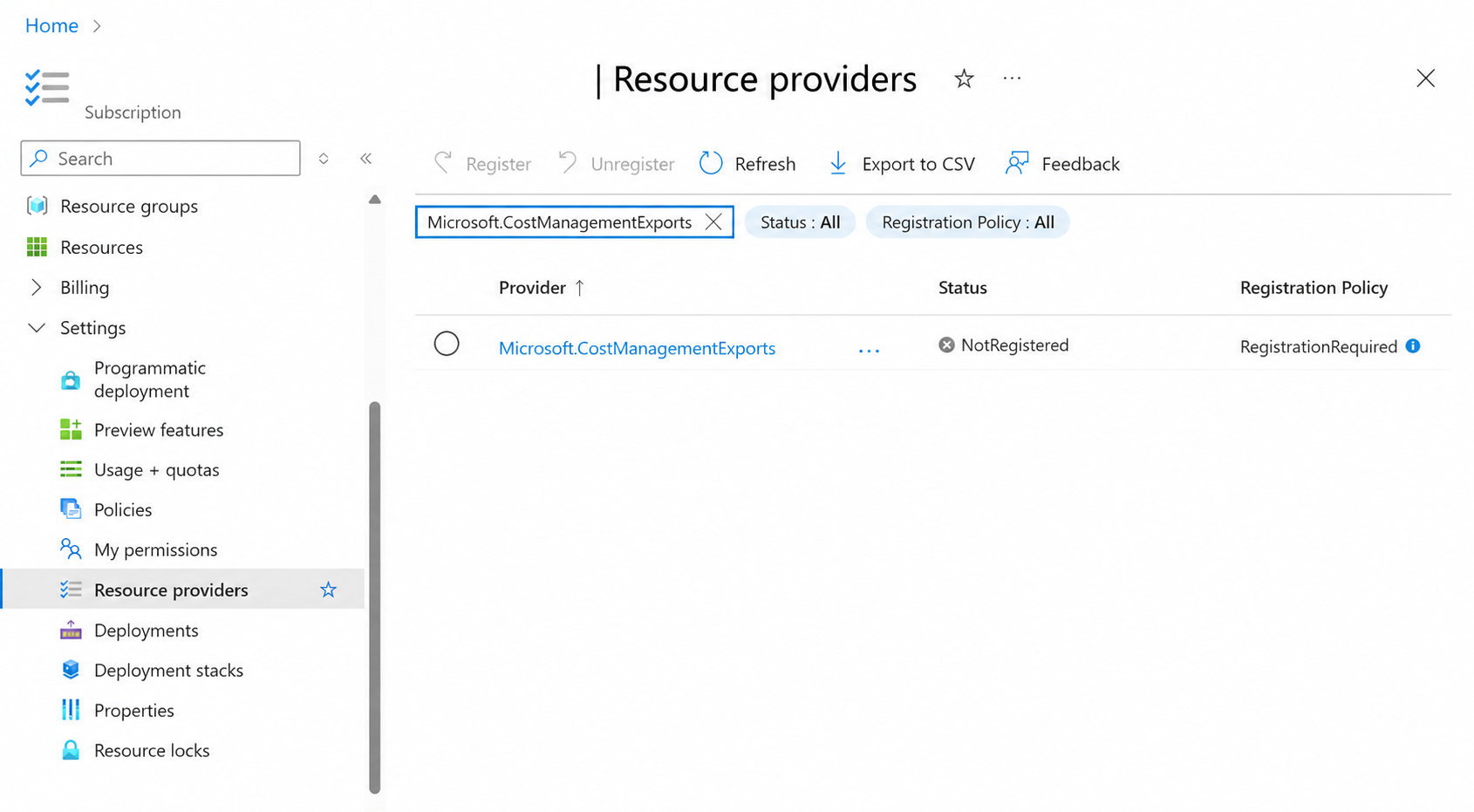 Resource providers filtered to Microsoft.CostManagementExports