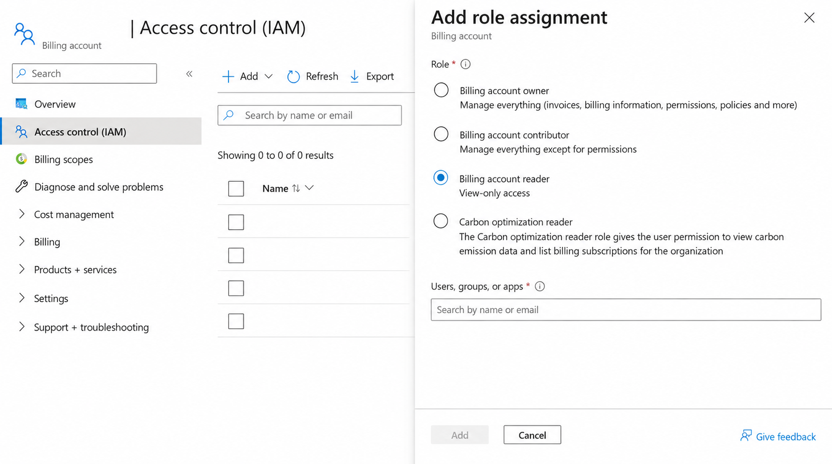 Billing account reader selected in the role picker