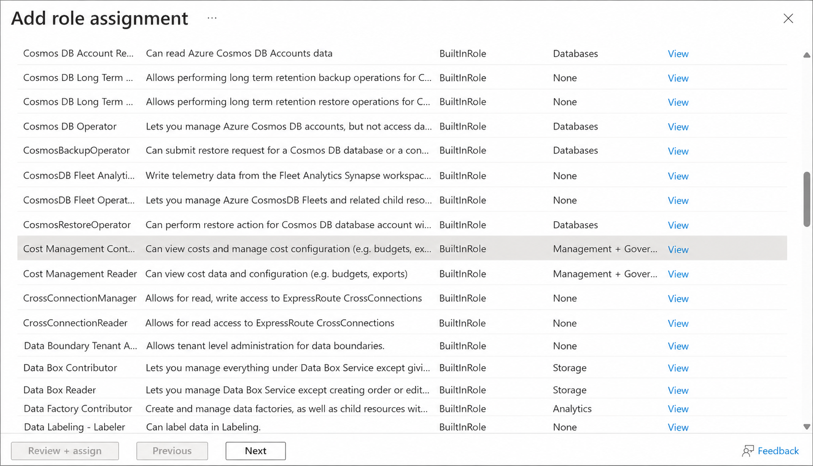 Cost Management Contributor selected in the role picker