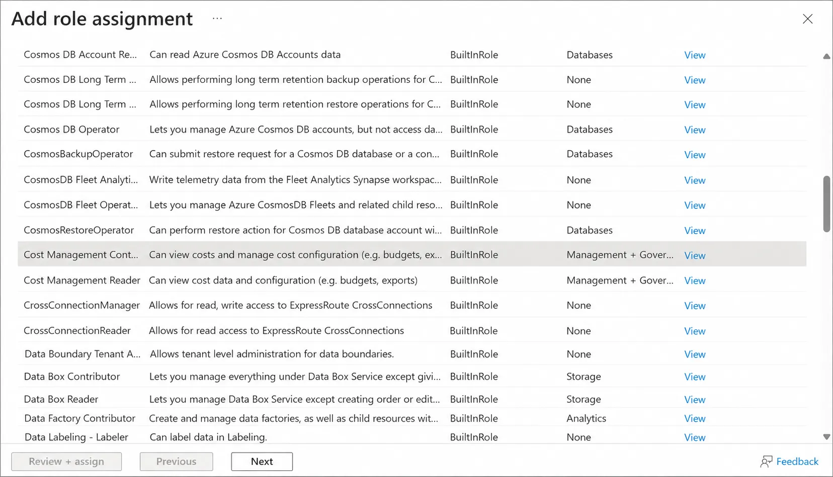 Cost Management Contributor selected in the role picker