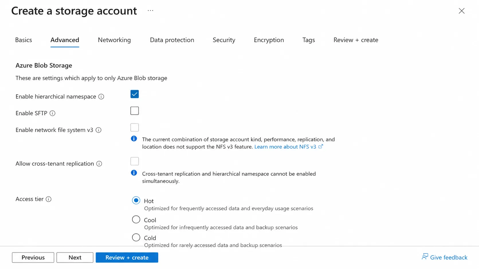 Advanced storage account settings with hierarchical namespace enabled