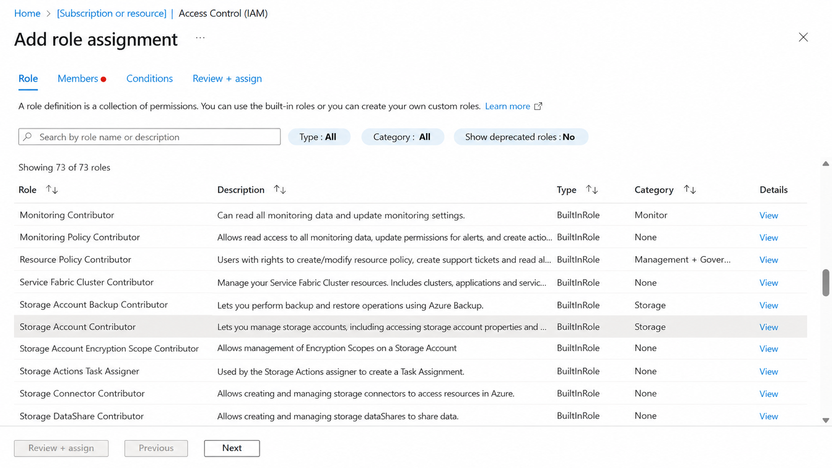 Storage Account Contributor selected in the role picker