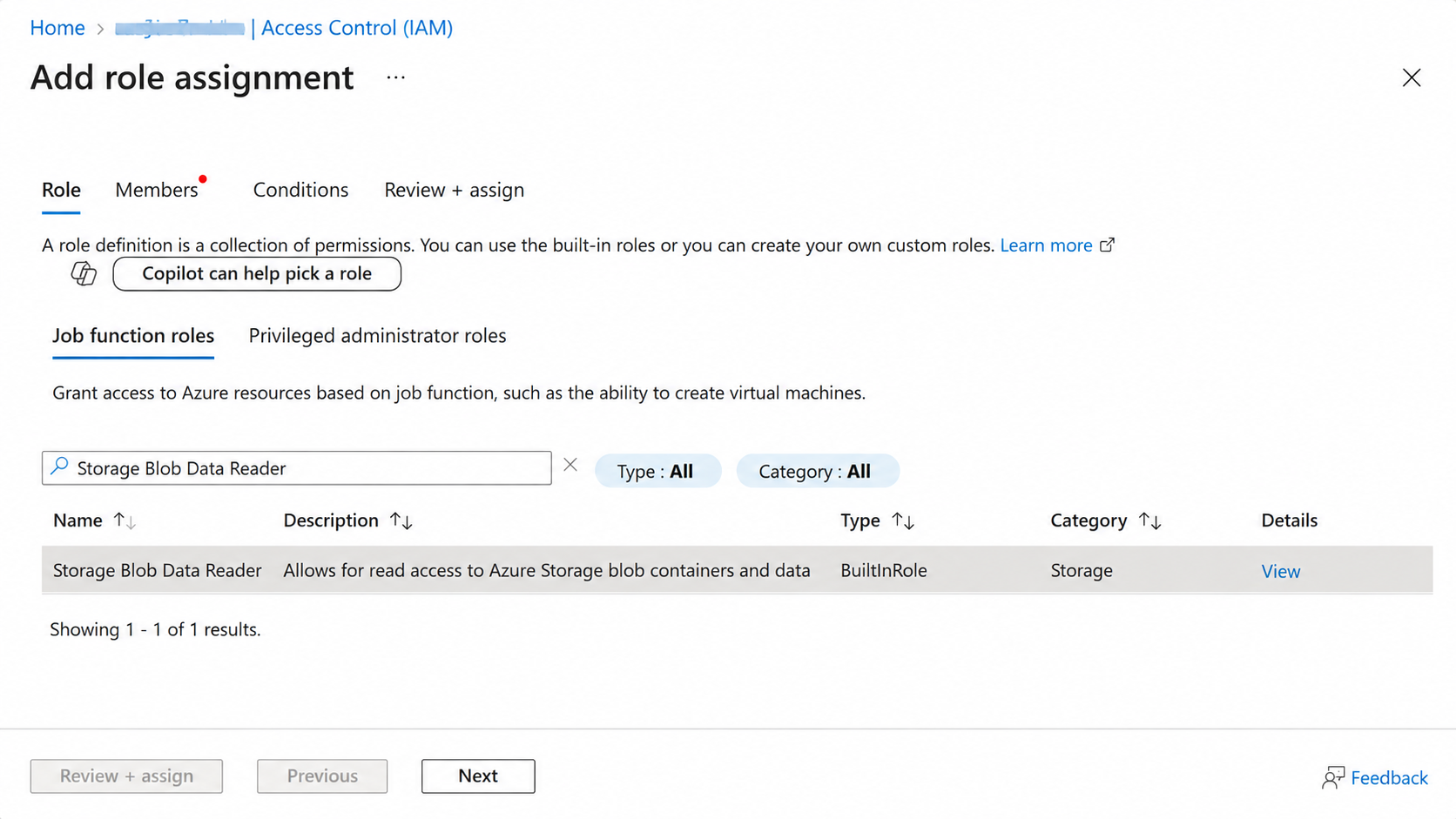 Storage Blob Data Reader selected in the role picker