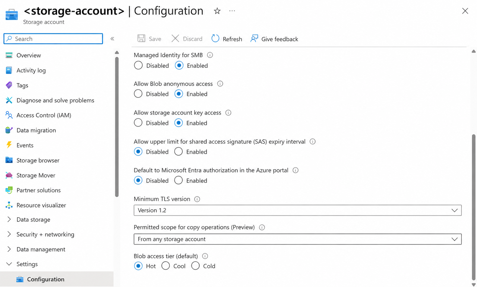 Storage account configuration showing permitted scope for copy operations