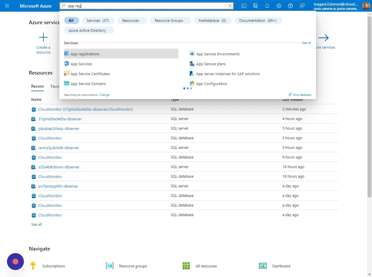 Head over to "App registrations" in your Azure Portal. You can easily do this by searching "App registrations" in the search bar