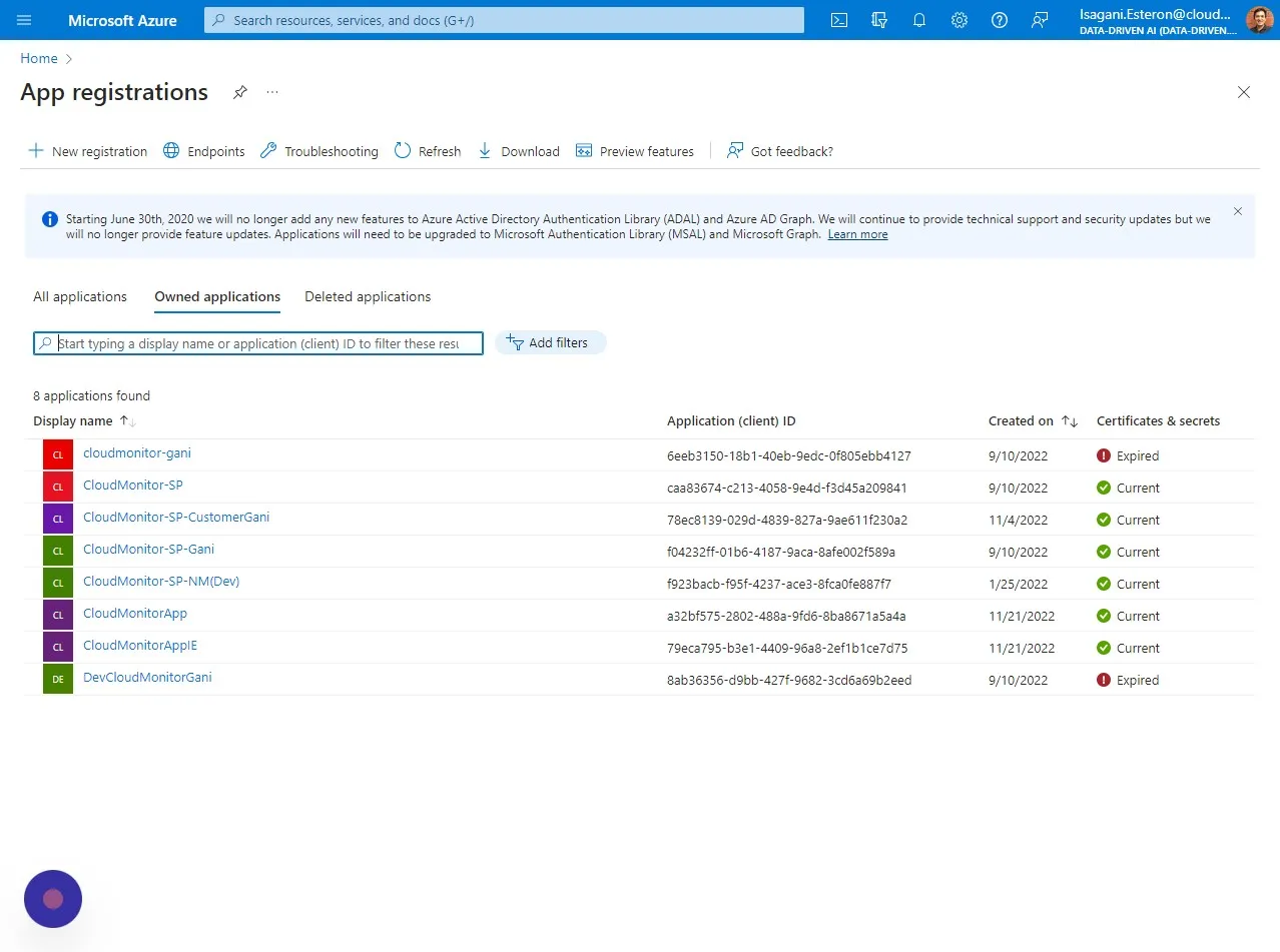 Inside "App registrations" you should be able to see the Service Principal you created for CloudMonitor in the list under "Owned…