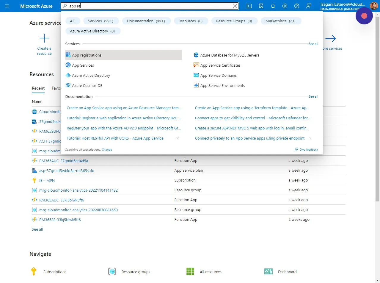 In your Azure Portal head over to App registrations. You can easily do this by searching for "App registrations" in the search box
