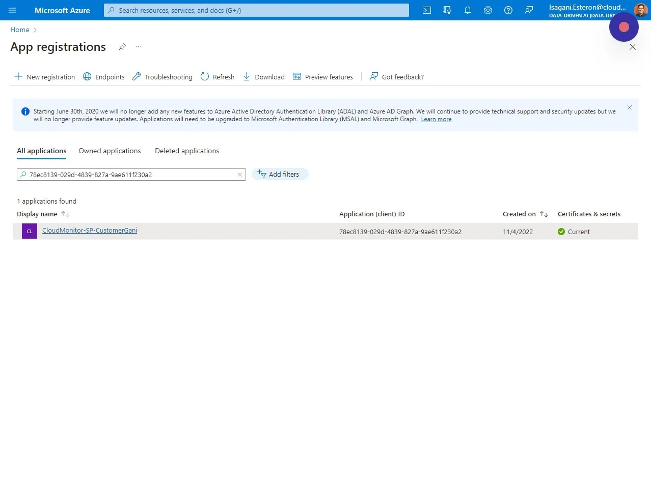 Choose the Service Principal you created for CloudMonitor. You can type in the Name or Application (client) ID