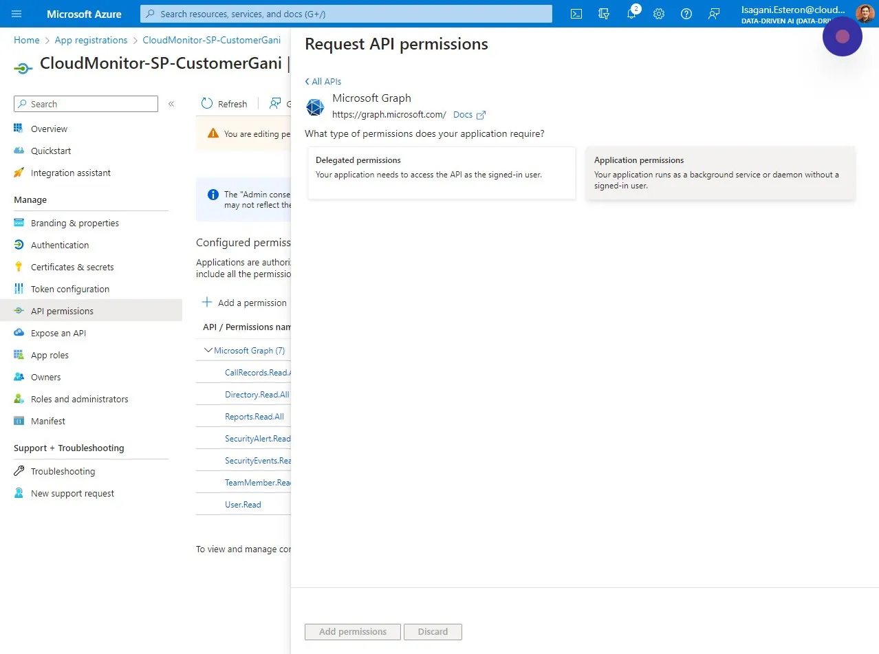 Click "Application permissions"