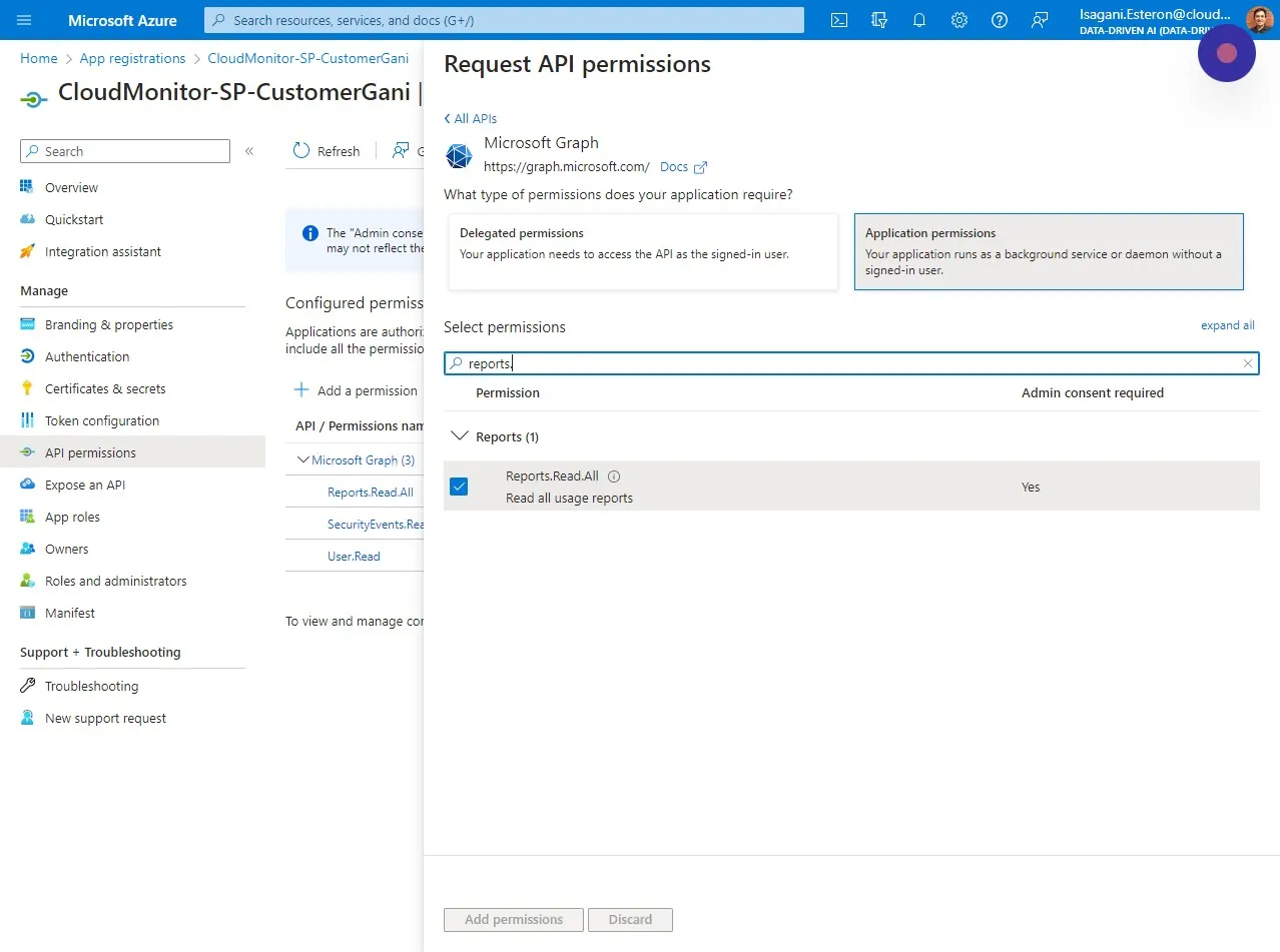 Search and check all the following permission: CallRecords.Read.All Directory.Read.All Reports.Read.All SecurityAlert.Read.All…